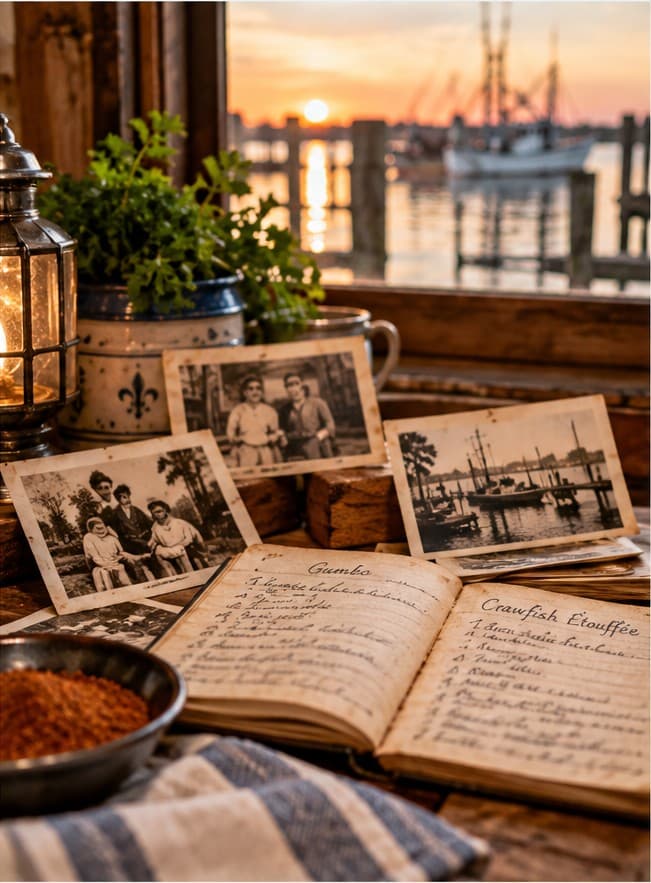 Archival Louisiana family photographs, handwritten recipes for gumbo and crawfish étouffée, and kitchen keepsakes on a table overlooking the bayou at sunset.