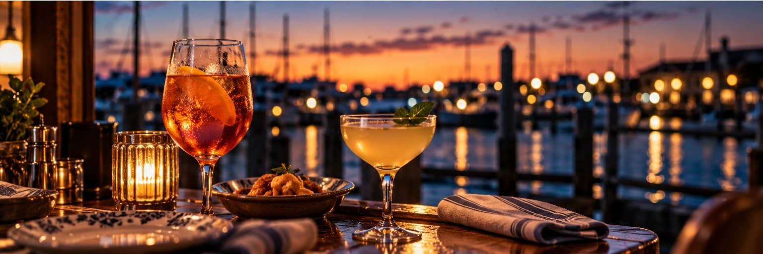 Two drinks on a candlelit table at dusk with the Louisiana marina and its lights behind them.