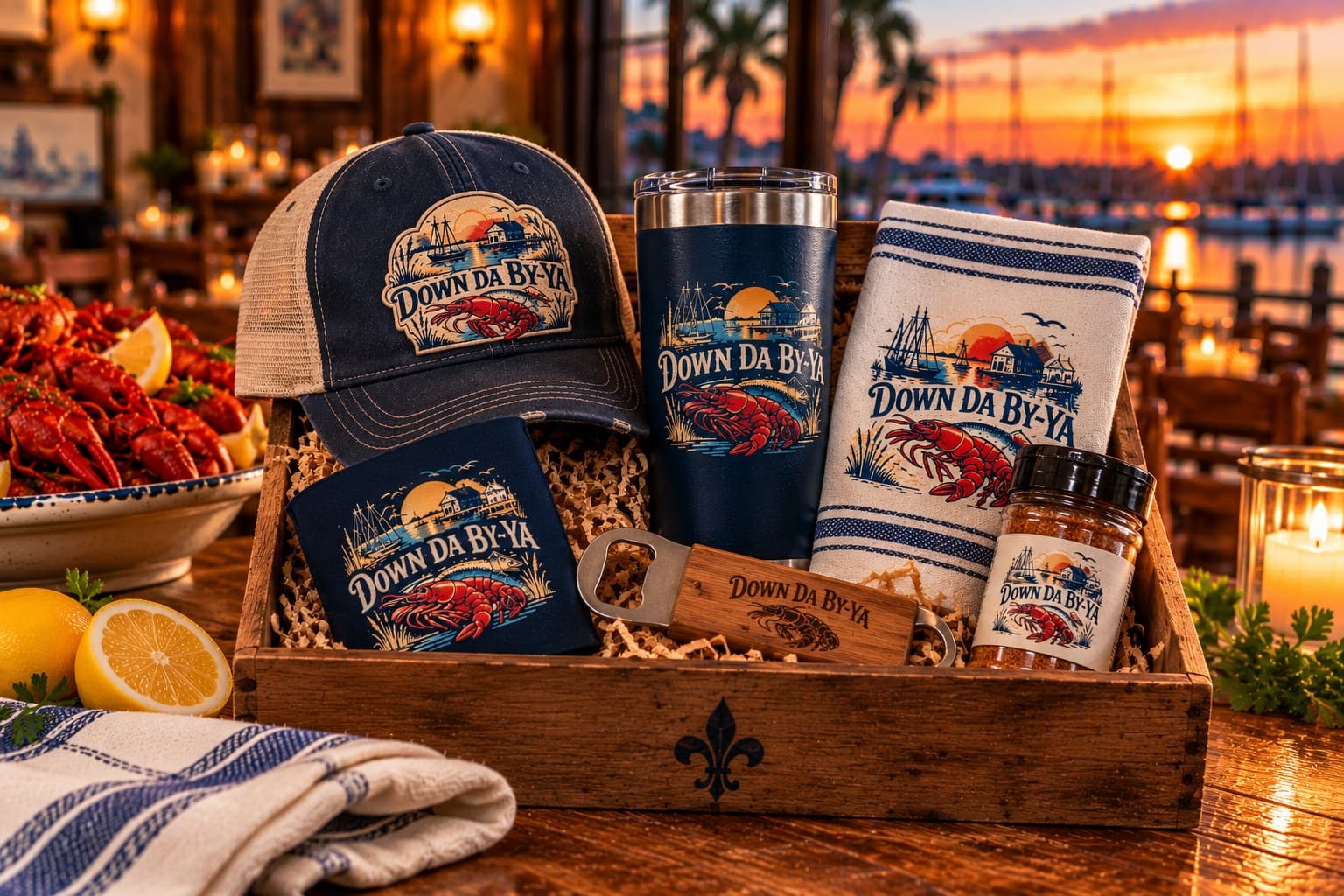 A wooden crate stamped with a fleur-de-lis holding a cap, tumbler, tea towel, coaster, bottle opener and a jar of house seasoning.