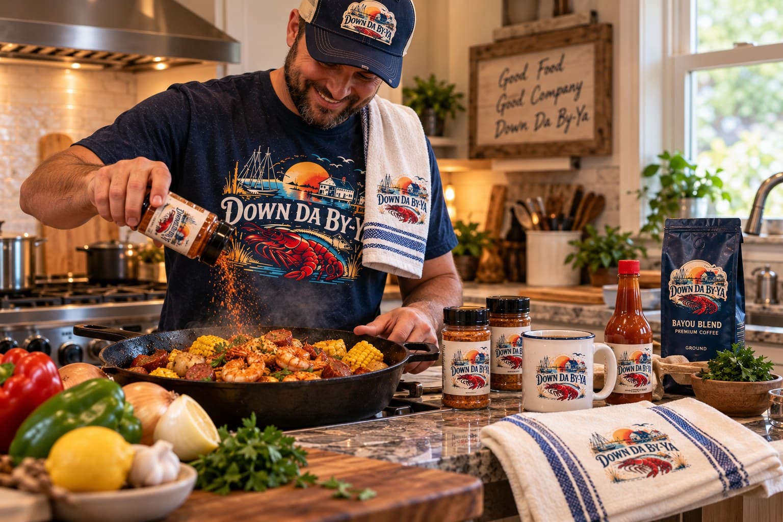A man in a Down Da By-Ya tee and cap shaking house seasoning into a pot in a home kitchen, with the towel, mug, coffee, hot sauce and jars on the counter.