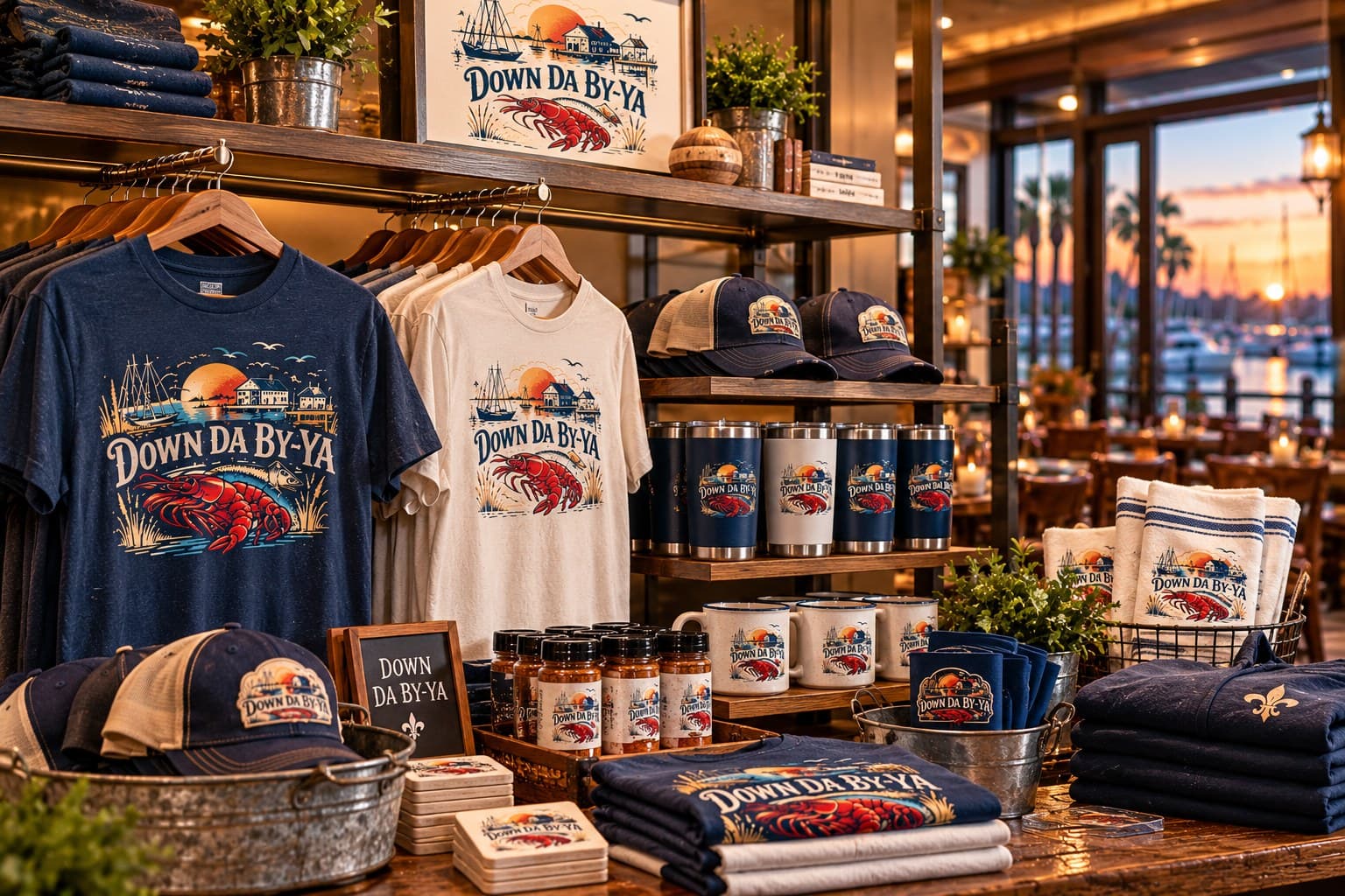 The shop corner inside Down Da By-Ya with shelves of tees, caps, tumblers, mugs, towels and pantry jars.