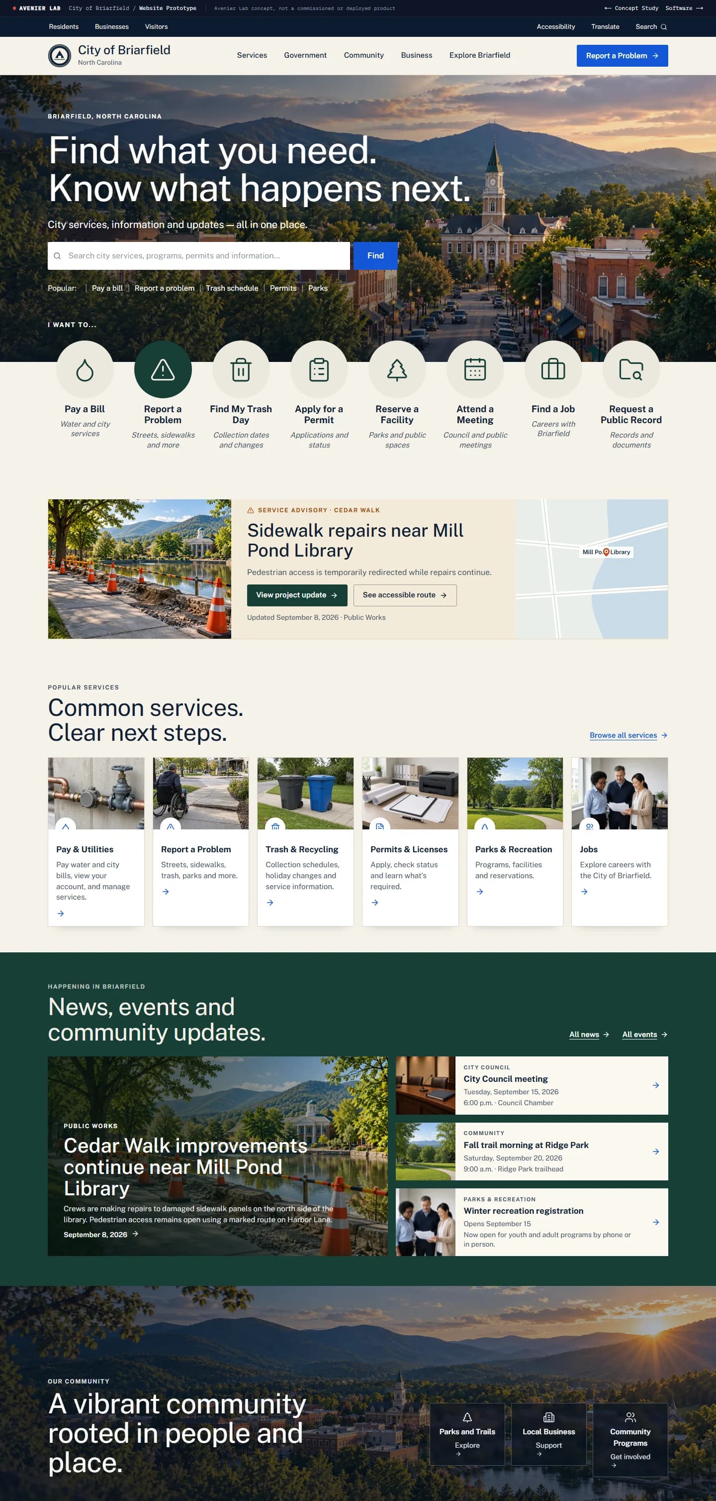 Briarfield’s public website prototype homepage.