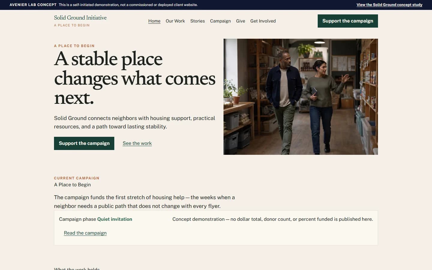 Solid Ground’s campaign website prototype, ‘A stable place changes what comes next.’