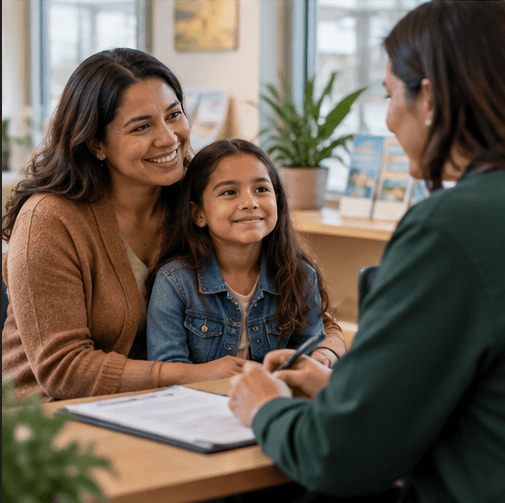 Mother and daughter meeting with a Laurelwell community care worker