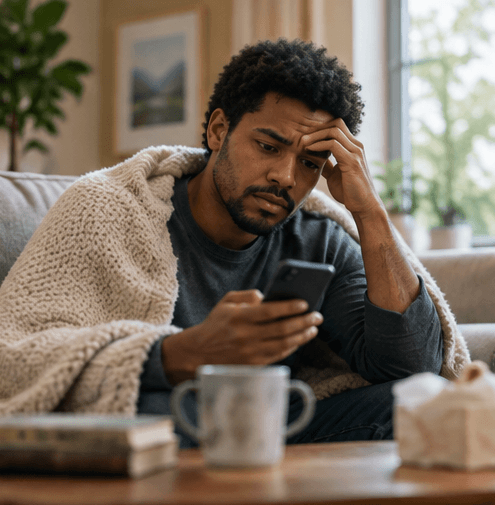 Man wrapped in a blanket at home, looking at his phone and worried about how he feels