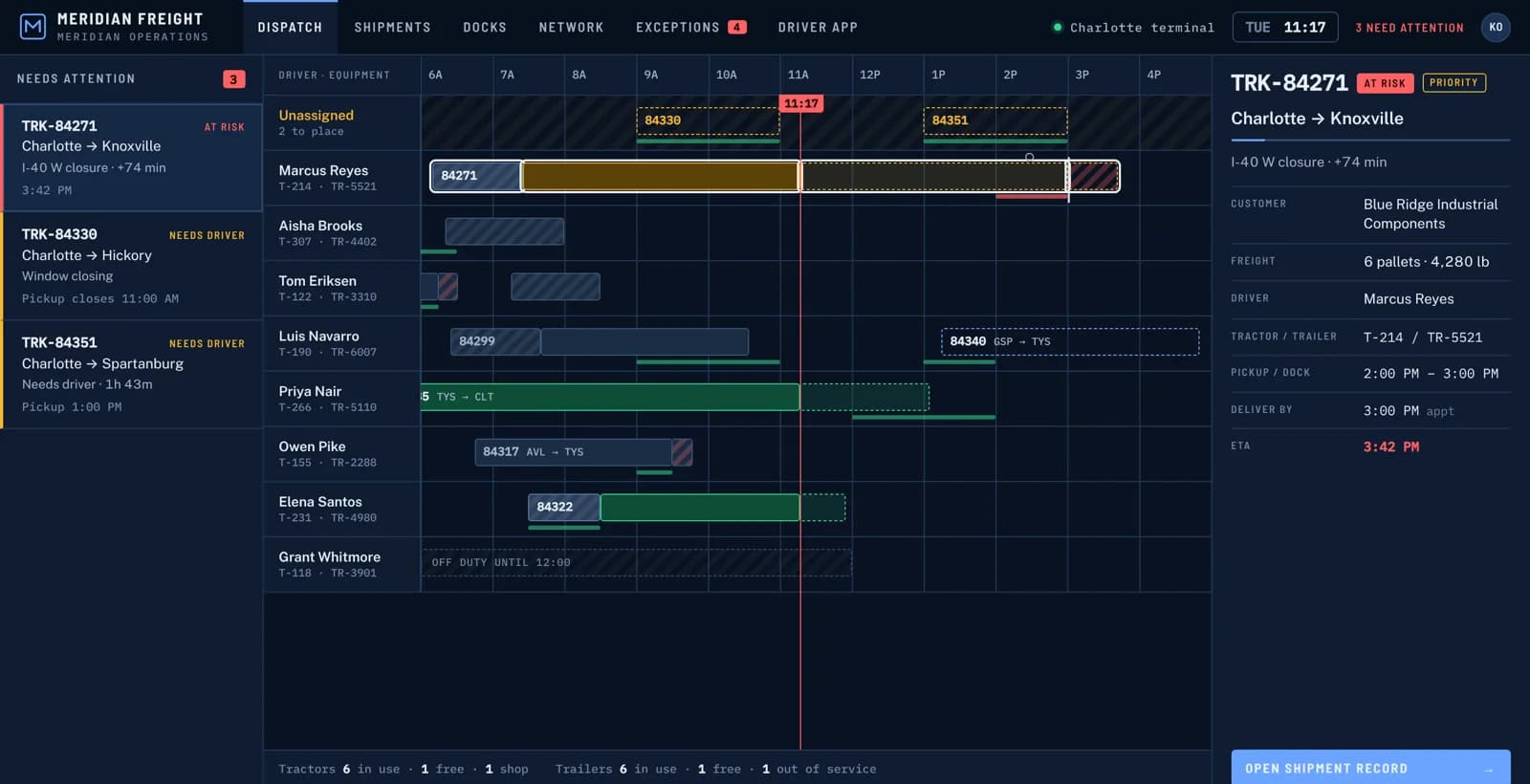 Meridian Freight’s dispatch board prototype showing lanes and trucks.