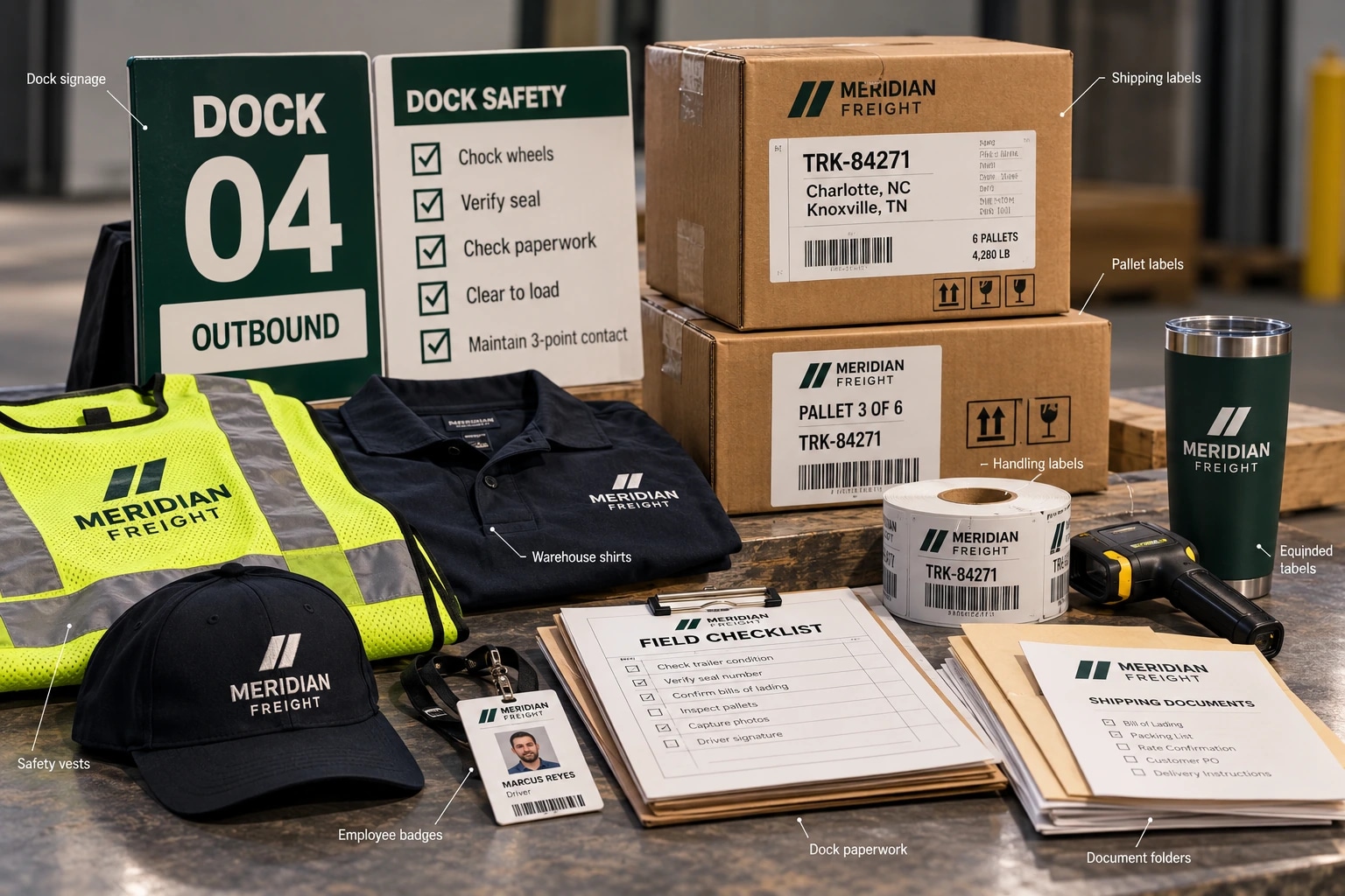 Meridian Freight's physical communications laid out together: Dock 04 Outbound and Dock Safety signs, a high-visibility safety vest, a navy polo and cap, an employee badge, cartons with TRK-84271 shipping and pallet labels, a roll of handling labels, a branded tumbler and handheld scanner, a field checklist, and shipping document folders.