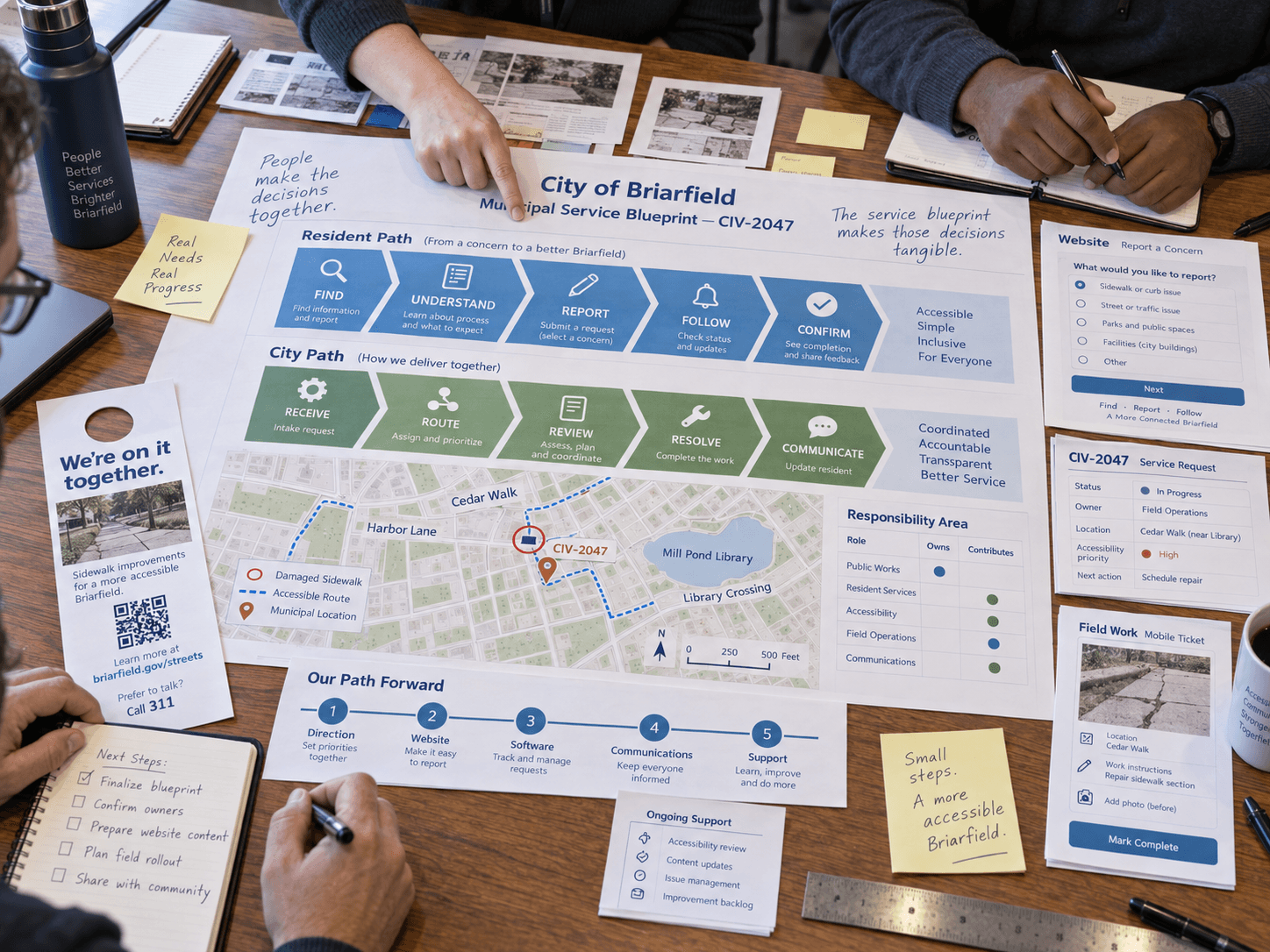A working session around the City of Briarfield service blueprint, mapping the resident path and the city path.