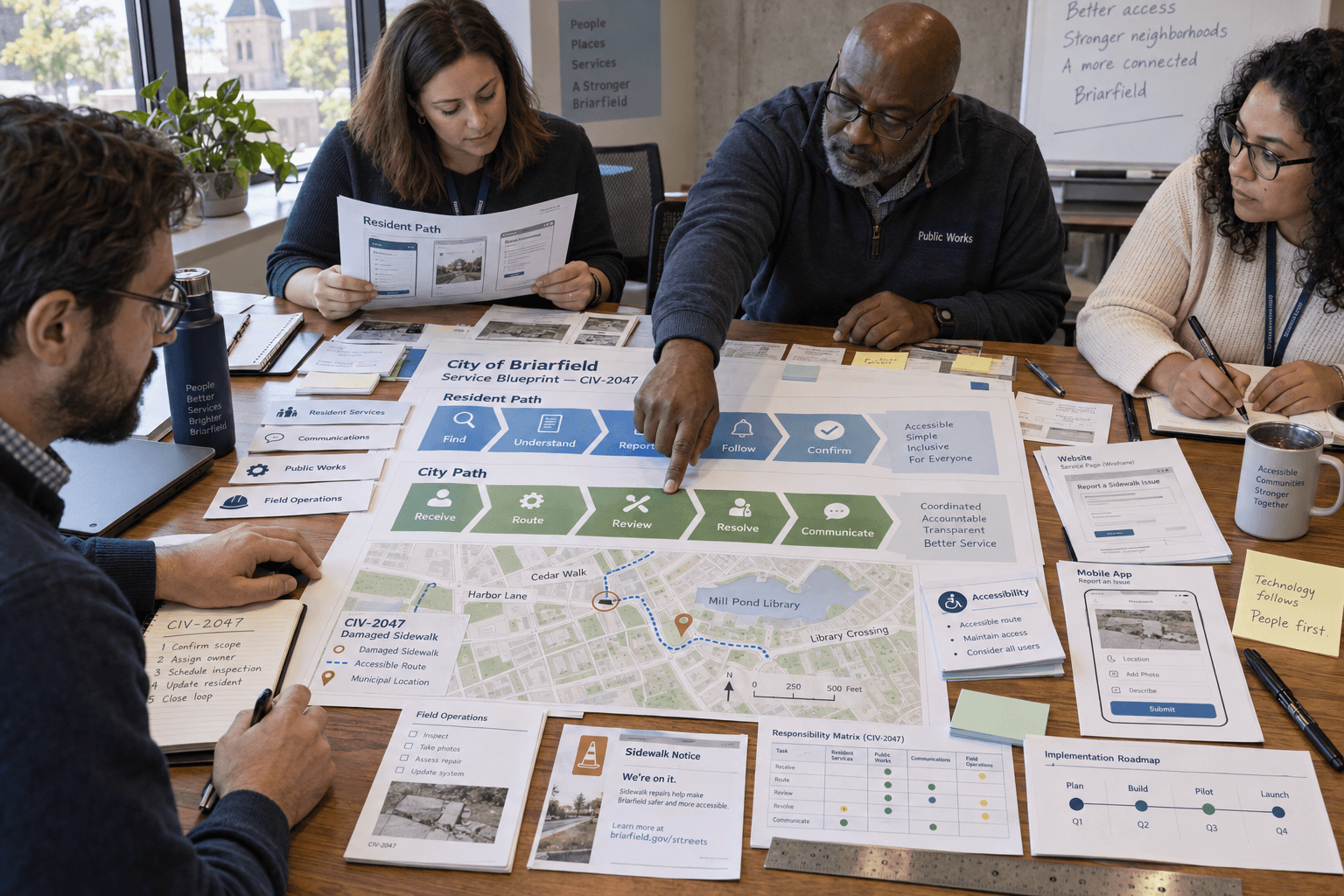 A conceptual working-session visualization for the fictional City of Briarfield study: people around a table of service maps, resident journeys, and printed planning materials.
