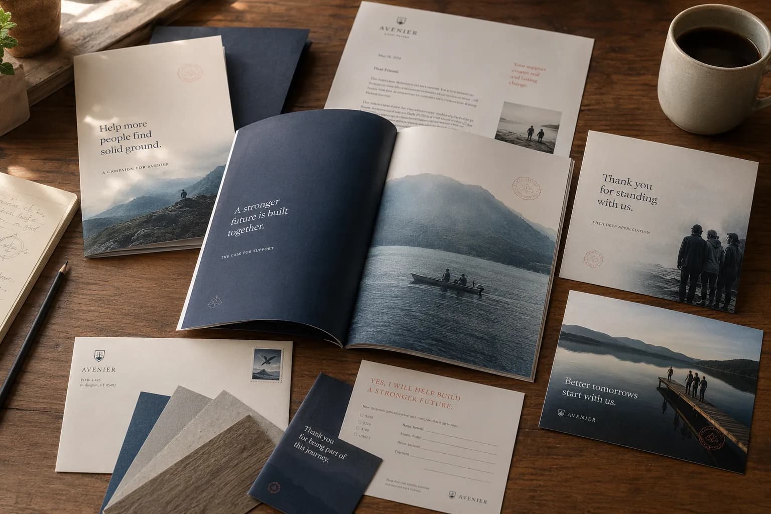 Fictional Solid Ground Initiative printed materials on a table: an impact report, a program brochure, a letter, and cards sharing one visual system.