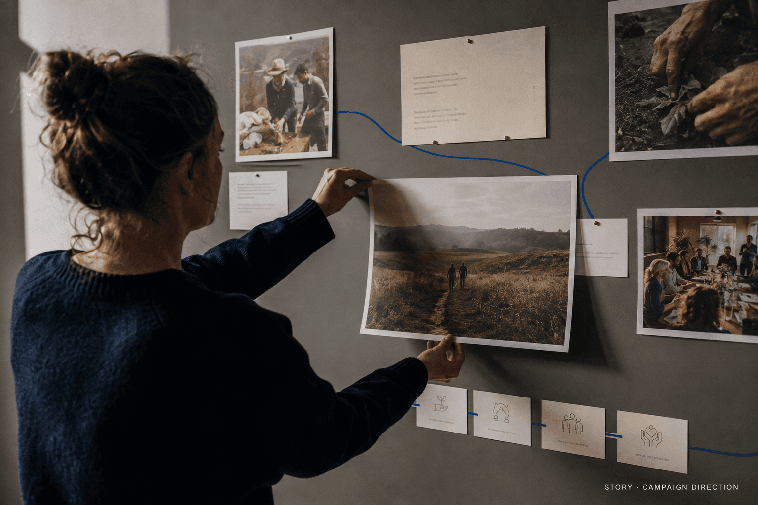 A team member pinning photographs and notes to a wall board while shaping a campaign message.