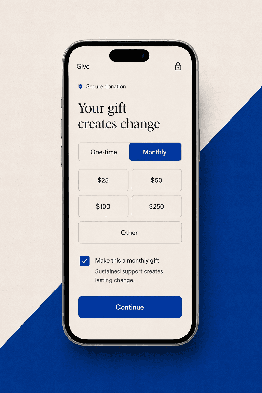 Solid Ground Initiative donation interface with suggested amounts and monthly giving