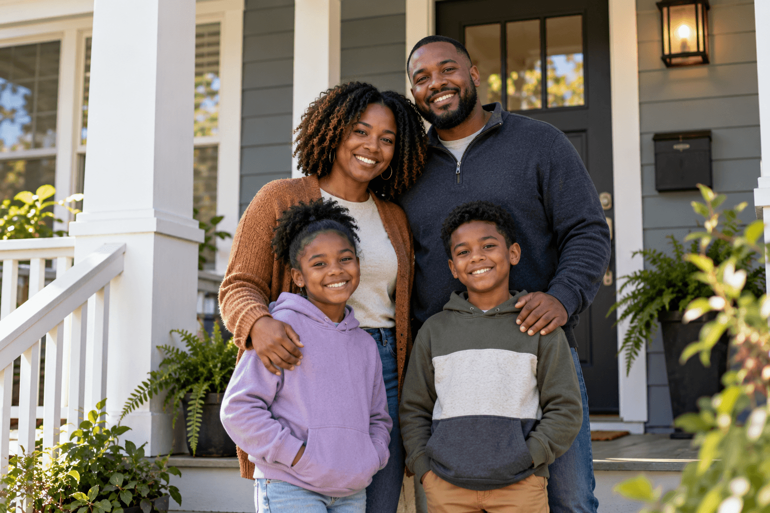 A family of four standing together on the porch of their home.