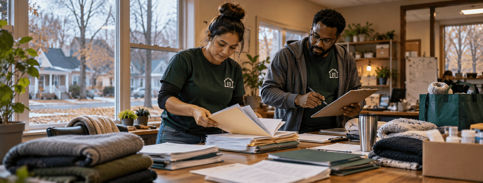 Two Solid Ground staff members reviewing donated blankets and paperwork together at an office table