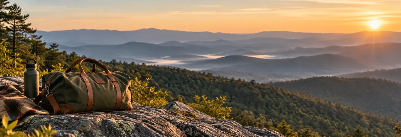 A waxed canvas weekender in the back of a car at a Blue Ridge overlook