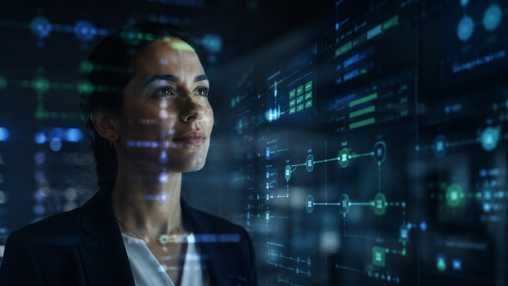 Professional surrounded by data and automation intelligence visuals